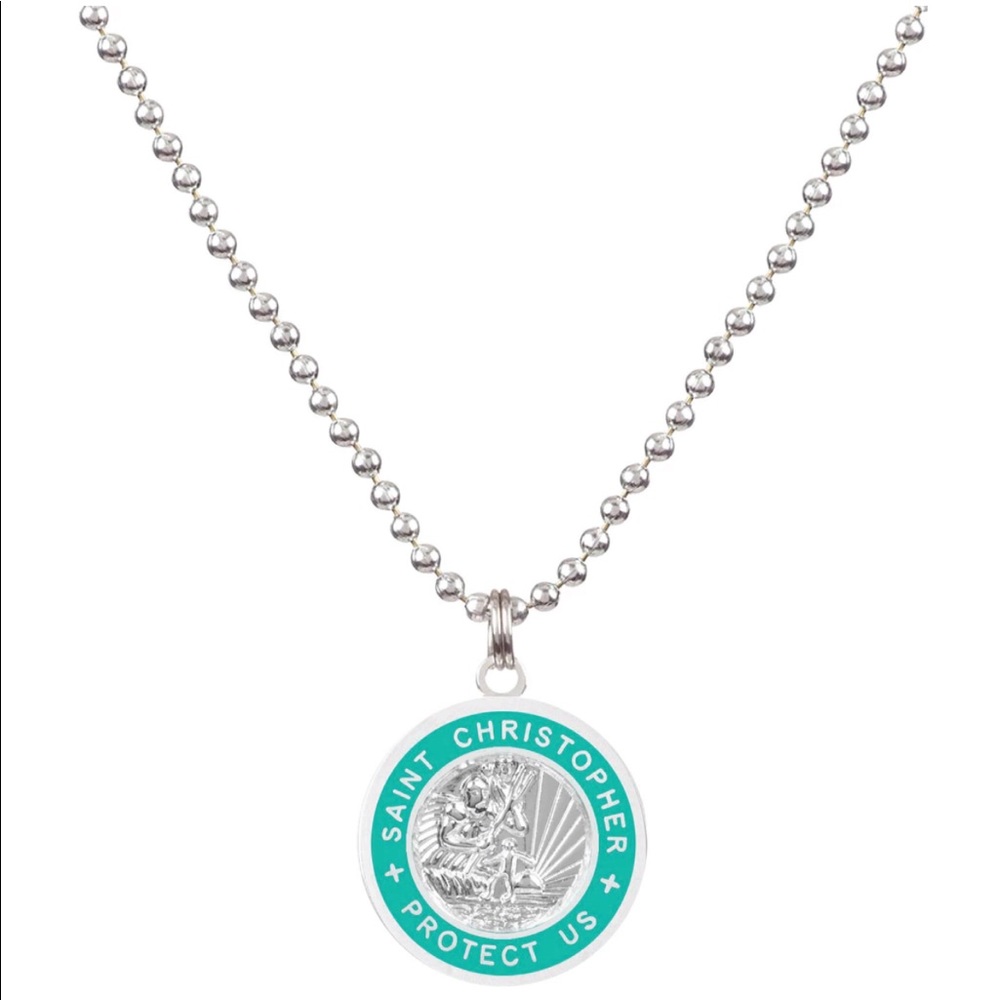 NWT, medium-silver/teal St.Christopher necklace